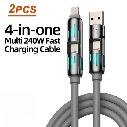 USB、Type C, lightning-Max 240W Fast Charging and Data Sync MFISH 4-in-1 Multi-Function USB Charging Cable for iPhone 16/15, iPad